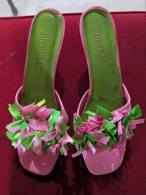 Amanda Pink & Green Floral Ribbon Kitten Heel Mules Size 13W